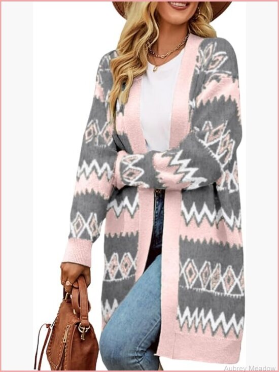 Sweaters - Aztec Print Long Cardigan, Open Front Knit Sweater, Lightweight